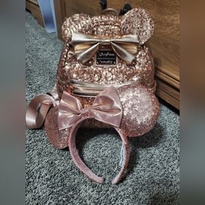 Disney LoungeFly Minnie Mouse Sequin Pink Backpack Minnie Ears Set